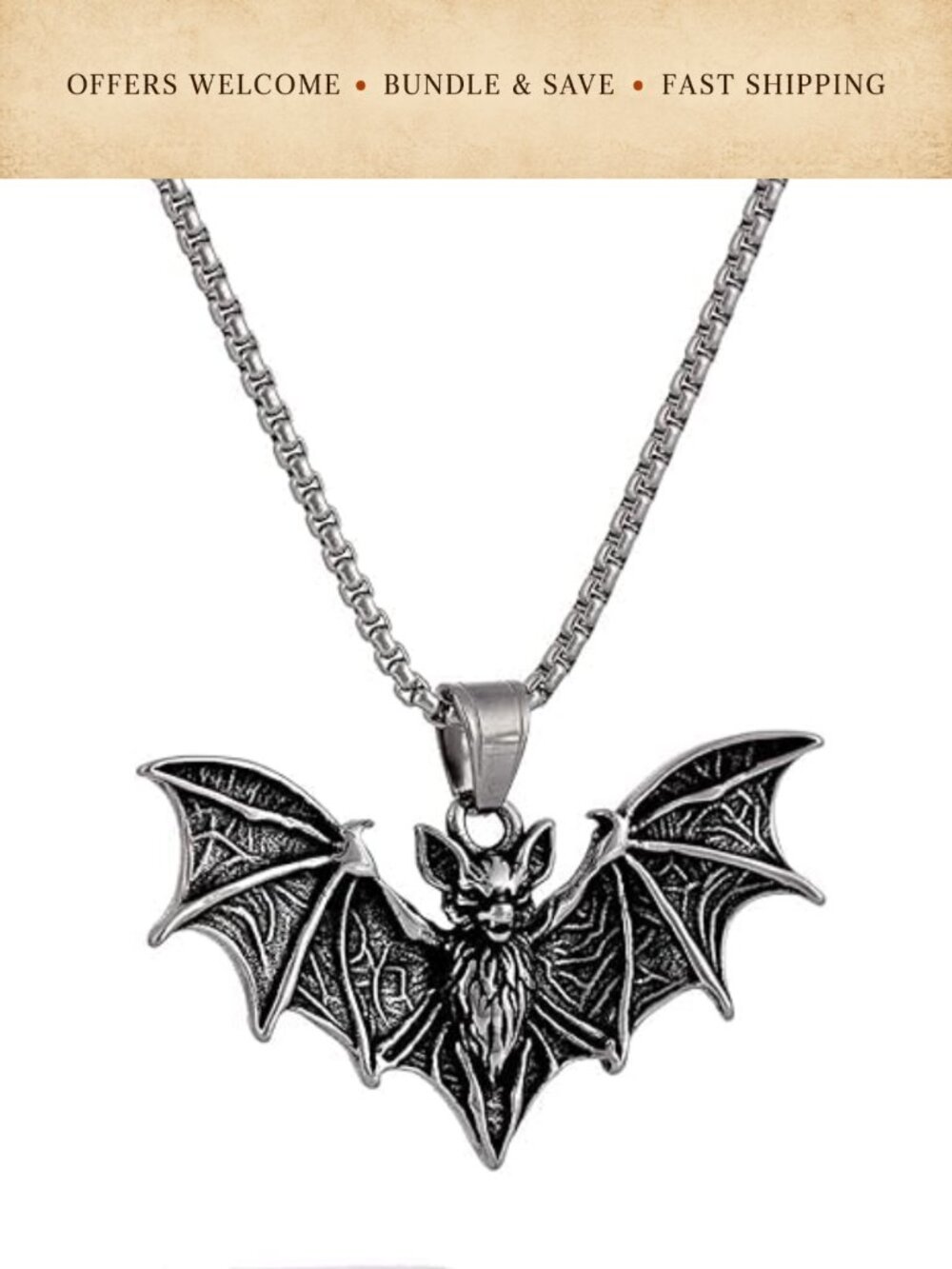 Gothic Bat Pendant Necklace Stainless Steel 20" Chain